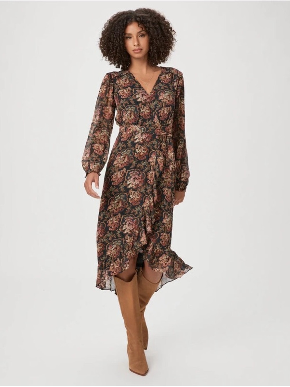 PAIGE Paulette Print Long Sleeve Silk Dress - Black floral - Size L